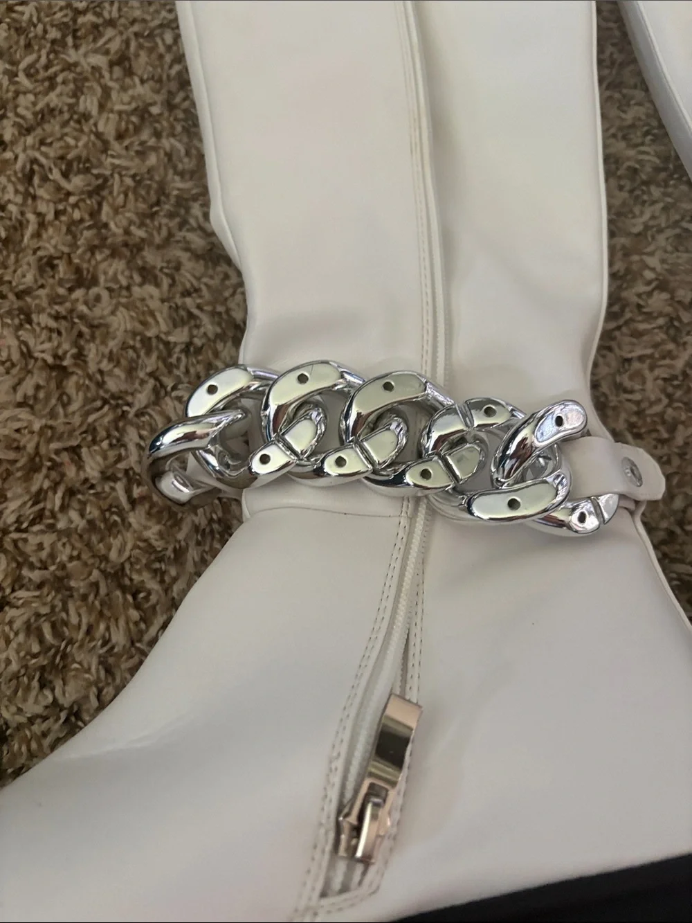 Nasty Gal White Platform Knee-High Boots with Chain Accent. Size 8